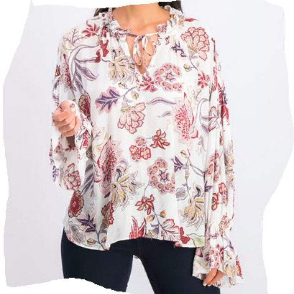 Sanctuary Floral Ruffled Bell Sleeves Peasant Blouse White Sz S